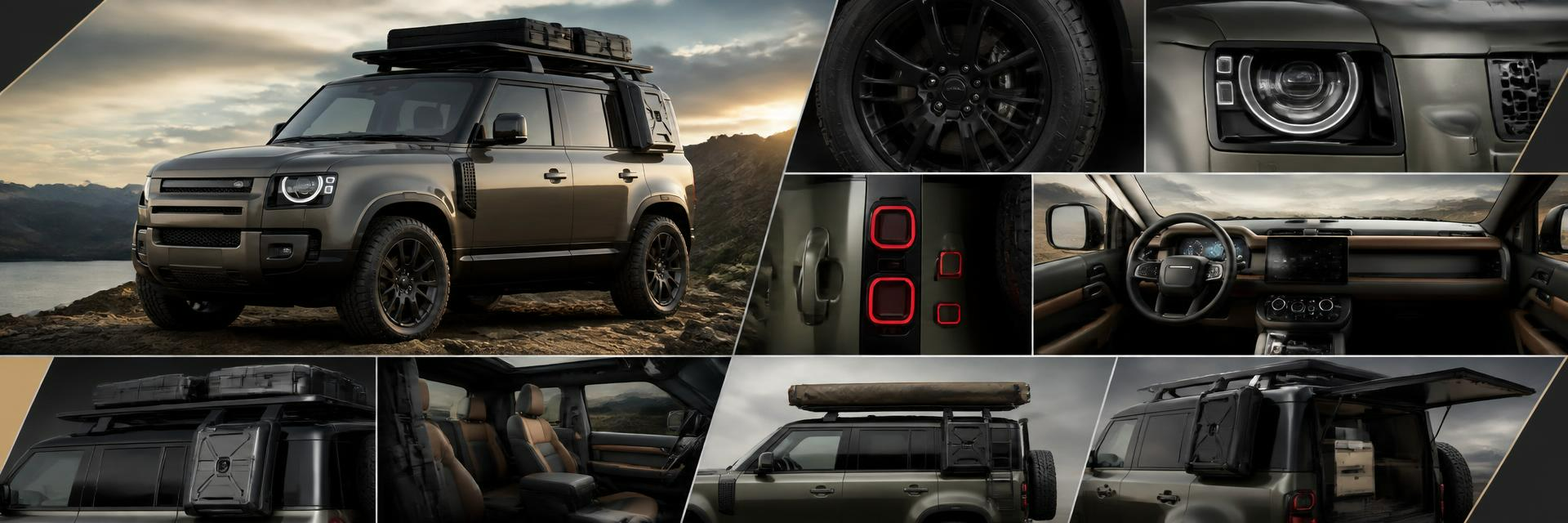 Land Rover Defender accessories collage showcasing roof racks, canopies, wheels, lighting and interior upgrades — from www.defender-accessories.com