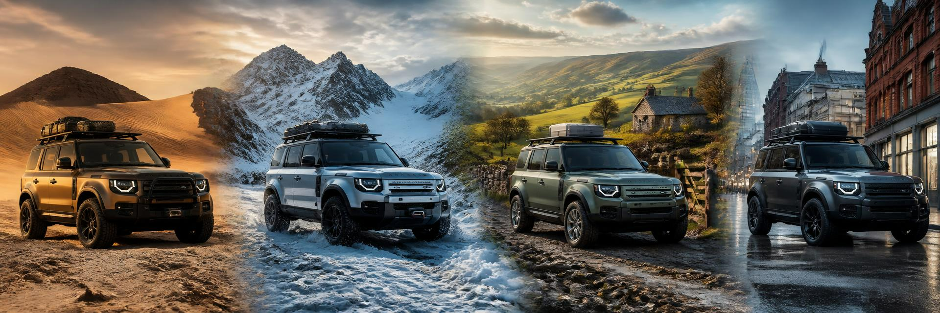 Land Rover Defender across desert, snow, countryside and city terrains — four-up banner from www.defender-accessories.com