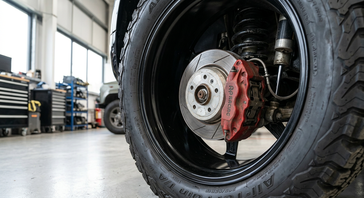 Close-up of 18-inch wheel clearing the rear brake caliper on a modified L663 Defender from www.defender-accessories.com