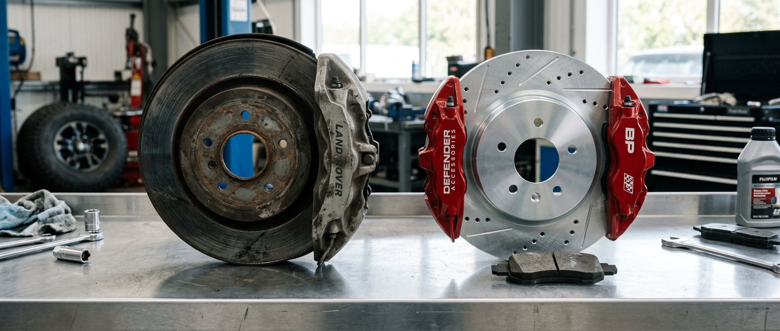 Defender L663 rear brake downsize kit comparison with 350mm and 325mm rotors from www.defender-accessories.com