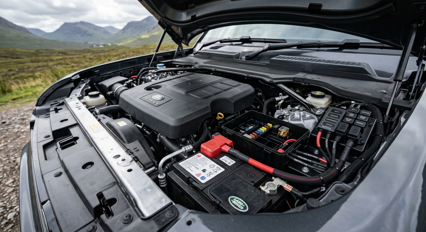 Professional auxiliary wiring and fuse block installation in the engine bay of an L663 Defender at www.defender-accessories.com