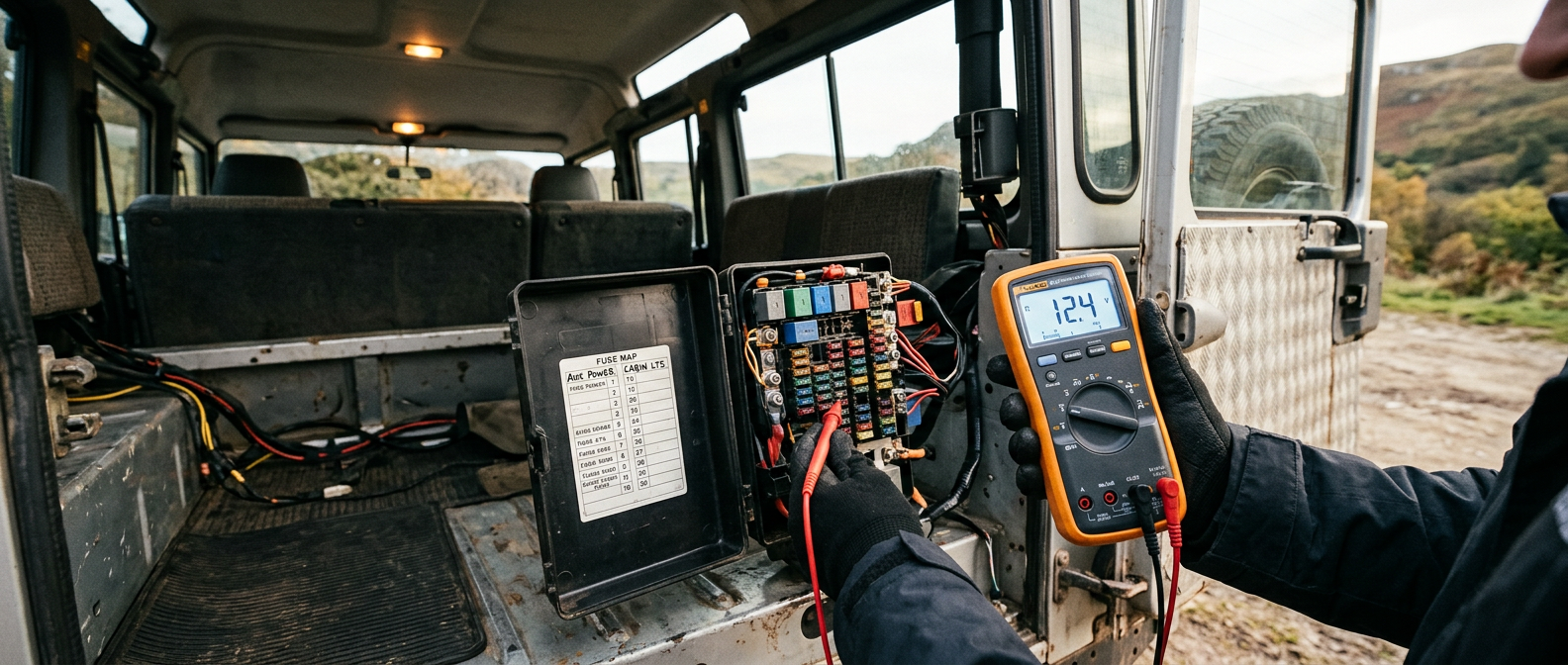 Testing for safe 12V ignition triggers in the L663 Defender rear junction box fuse panel at www.defender-accessories.com