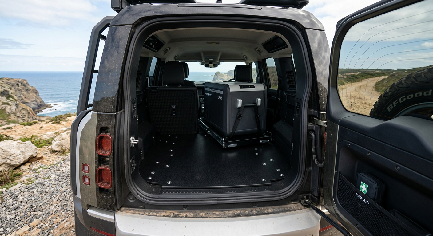 A custom wooden cargo plate bolted into the factory mounting points of an L663 Defender cargo floor at www.defender-accessories.com