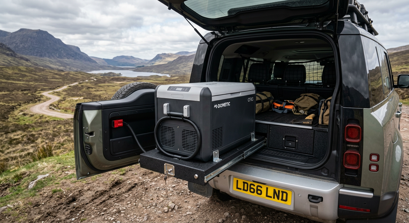 A completed L663 Defender fridge slide installation with a secure Anderson plug electrical connection at www.defender-accessories.com
