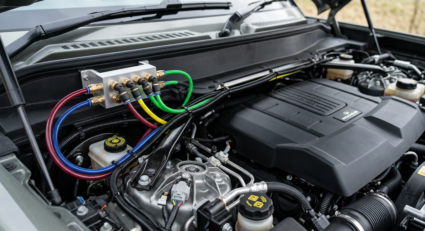 Centralized engine bay breather manifold block installation on an L663 Defender from www.defender-accessories.com