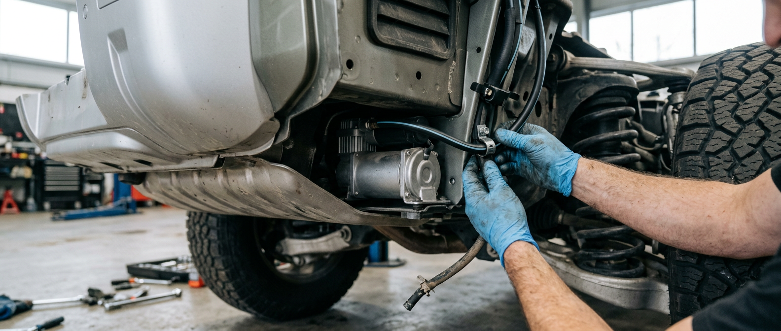 Modifying and relocating the EAS air compressor exhaust vent on a Land Rover Defender L663 at www.defender-accessories.com