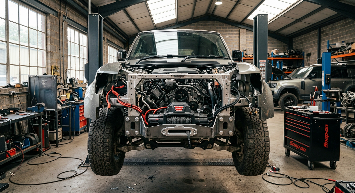 L663 Defender discrete winch cradle bolted to front subframe during installation, featured on www.defender-accessories.com