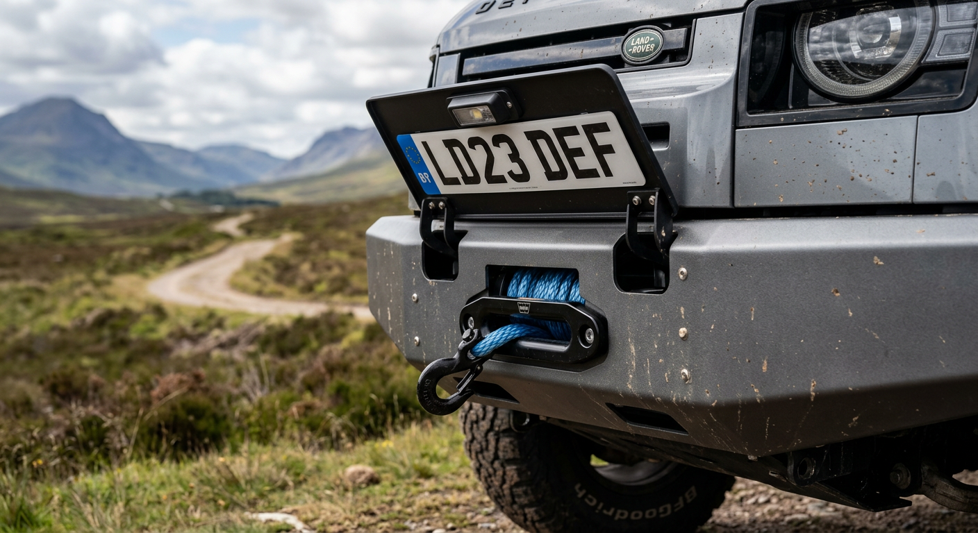 Finished discrete winch installation on an L663 Defender bumper with flip-up license plate holder, featured on www.defender-accessories.com