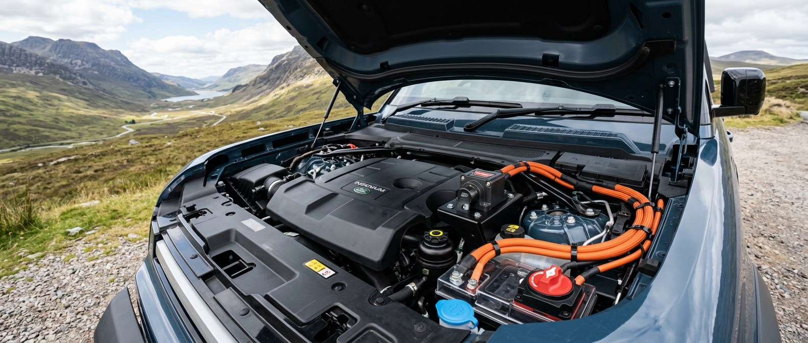 Winch solenoid contactor and high-current safety isolator switch installed in an L663 engine bay, featured on www.defender-accessories.com