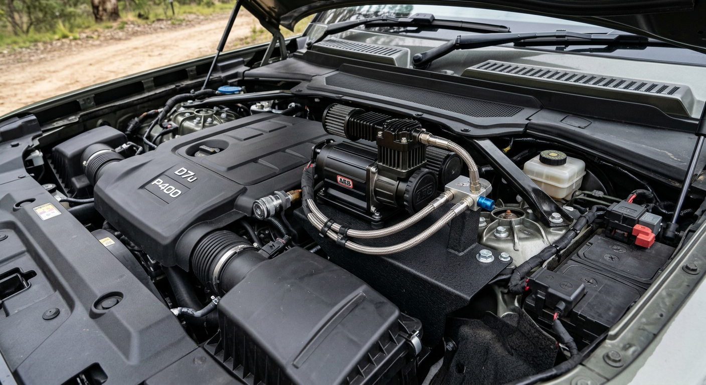 Heavy-duty dual piston air compressor installed in the engine bay of an L663 Defender with professional wiring and stainless steel lines by www.defender-accessories.com