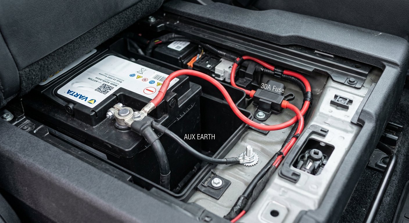 Correct electrical wiring for an on-board compressor to the L663 Defender battery, grounding to the chassis stud to preserve IBS functionality by www.defender-accessories.com