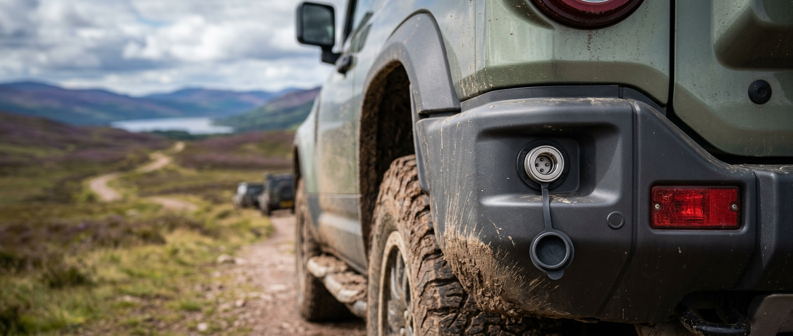 Rear bumper integrated air compressor outlet coupler on an L663 Land Rover Defender by www.defender-accessories.com