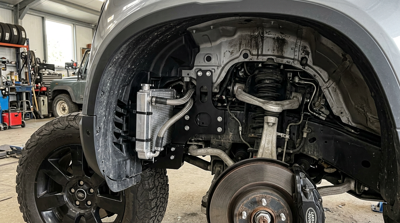 Relocating front cooler brackets for tyre clearance on an L663 Defender at www.defender-accessories.com