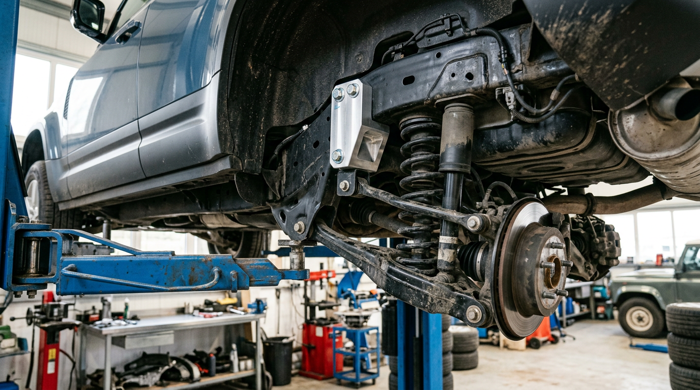 Installing rear subframe spacers on a Land Rover Defender L663 for large tyre clearance at www.defender-accessories.com
