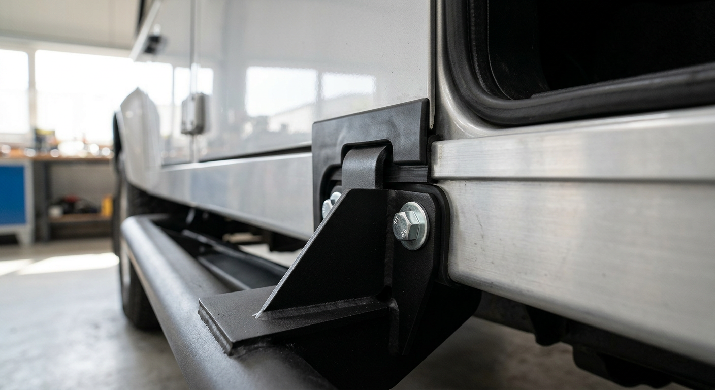 Technical close-up of L663 Defender rock slider bracket with galvanic isolation gasket and trimmed plastic sill cover on www.defender-accessories.com