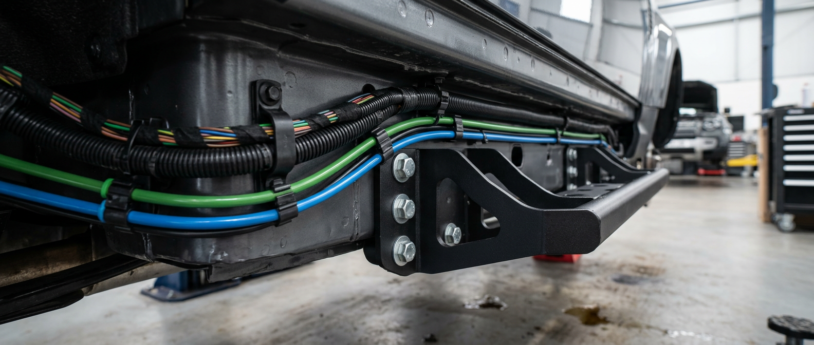 Underside view of L663 Defender showing air suspension lines and wiring routed safely around rock slider brackets on www.defender-accessories.com