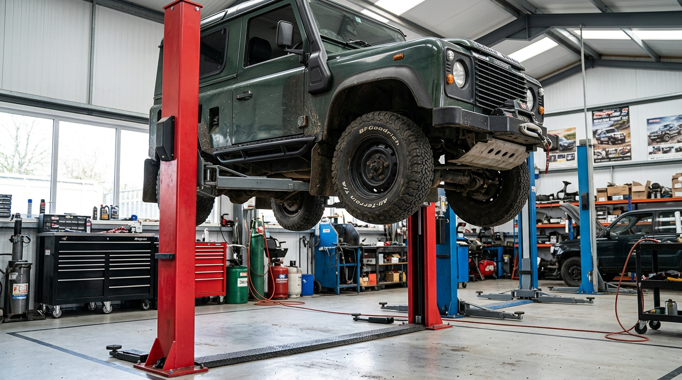 Land Rover Defender 90 on a workshop lift using the integrated jacking points of heavy-duty rock sliders on www.defender-accessories.com