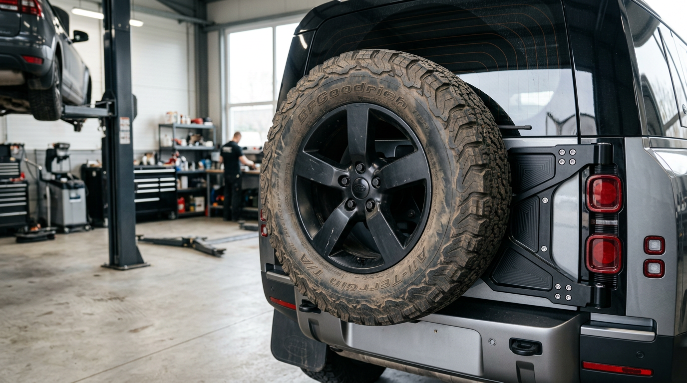 Heavy-duty billet aluminium tailgate reinforcement plate installed on an L663 Defender, highlighting the structural mounting bolts on www.defender-accessories.com