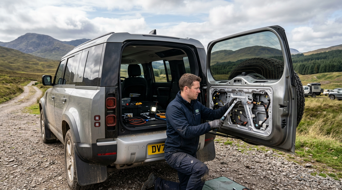 Interior view of an L663 Defender tailgate with trim removed, showing structural reinforcement access on www.defender-accessories.com