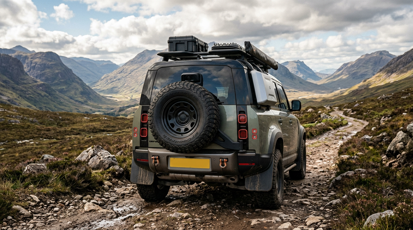 Rear view of an L663 Defender with an oversized mud-terrain spare tyre and relocated ClearSight camera on www.defender-accessories.com