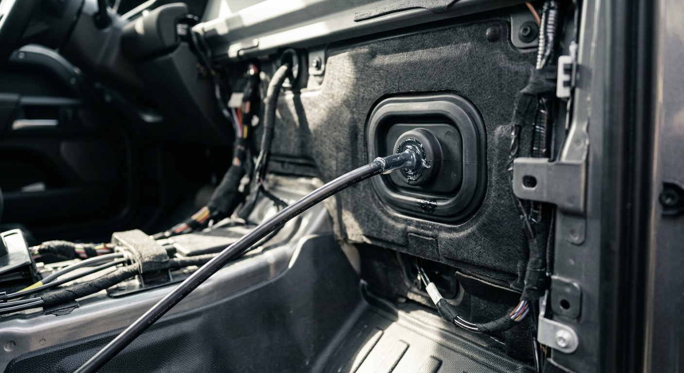 Coaxial cable routed through the L663 Defender passenger firewall grommet on www.defender-accessories.com