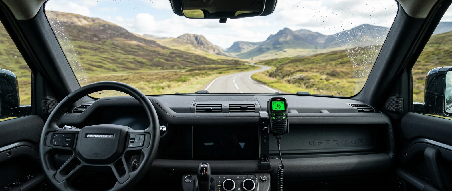 UHF radio handpiece mounted cleanly to the L663 Defender dash grab handle on www.defender-accessories.com