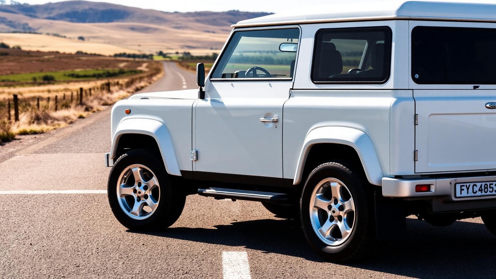 defender-accessories.com: White Defender 110 on silver wheels — clean factory-plus build with subtle accessory upgrades