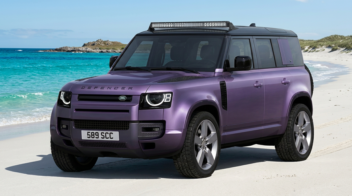 New 2026 Land Rover Defender with custom Purple Haze paint and silver wheels
