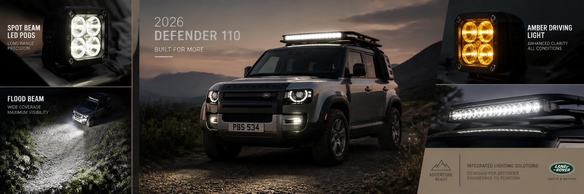 Land Rover Defender at dusk with LED light bar and spot lights illuminating a trail – auxiliary lighting guide on www.defender-accessories.com