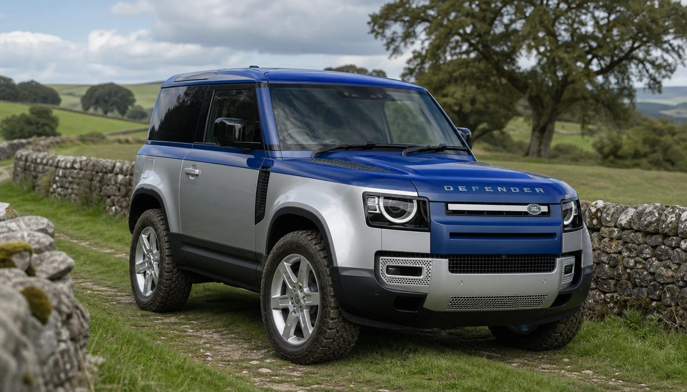 New 2026 Land Rover Defender 90 in British England countryside with blue top and silver bottom two-tone paint