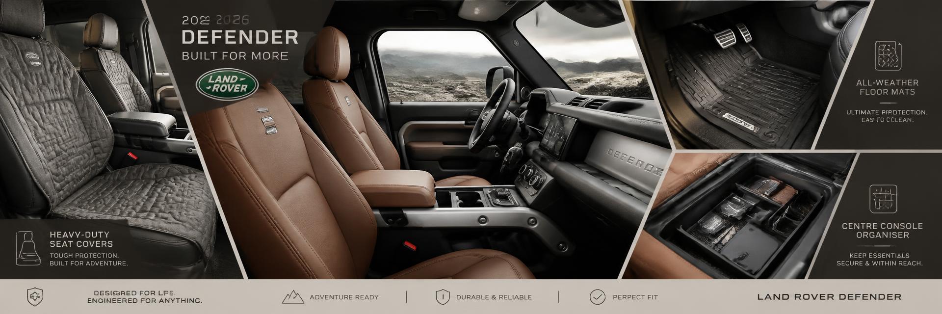 Land Rover Defender cabin with protective seat covers and rubber floor mats – interior protection guide on www.defender-accessories.com