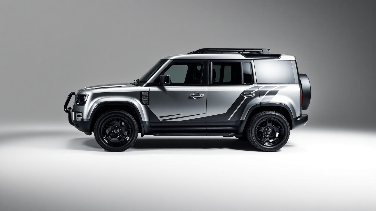 defender-accessories.com: Matte silver motorsport Defender with roof rack — black wheels and a full-length load platform fitted