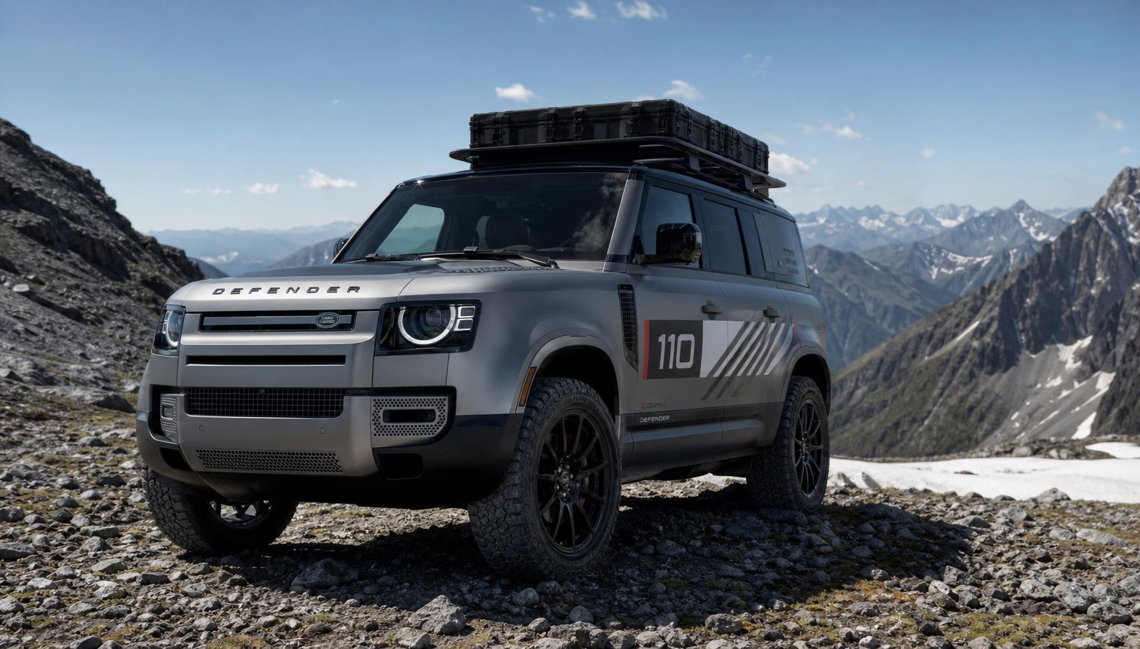 Matte silver wrapped Land Rover Defender with custom motorsport graphics, black wheels and roof rack on a mountain top