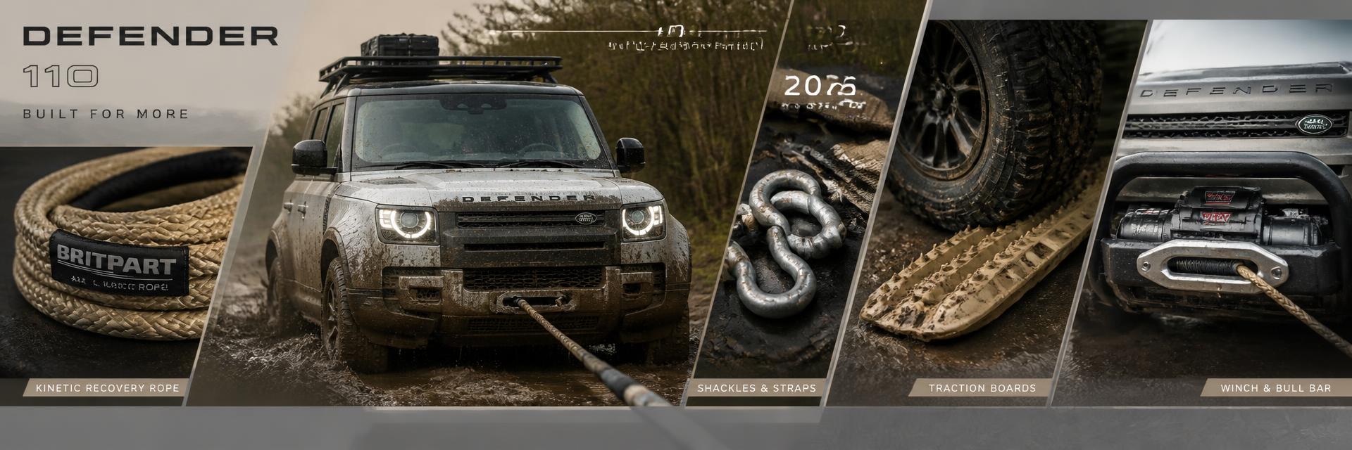Recovery gear laid out beside a muddy Land Rover Defender – recovery equipment guide on www.defender-accessories.com
