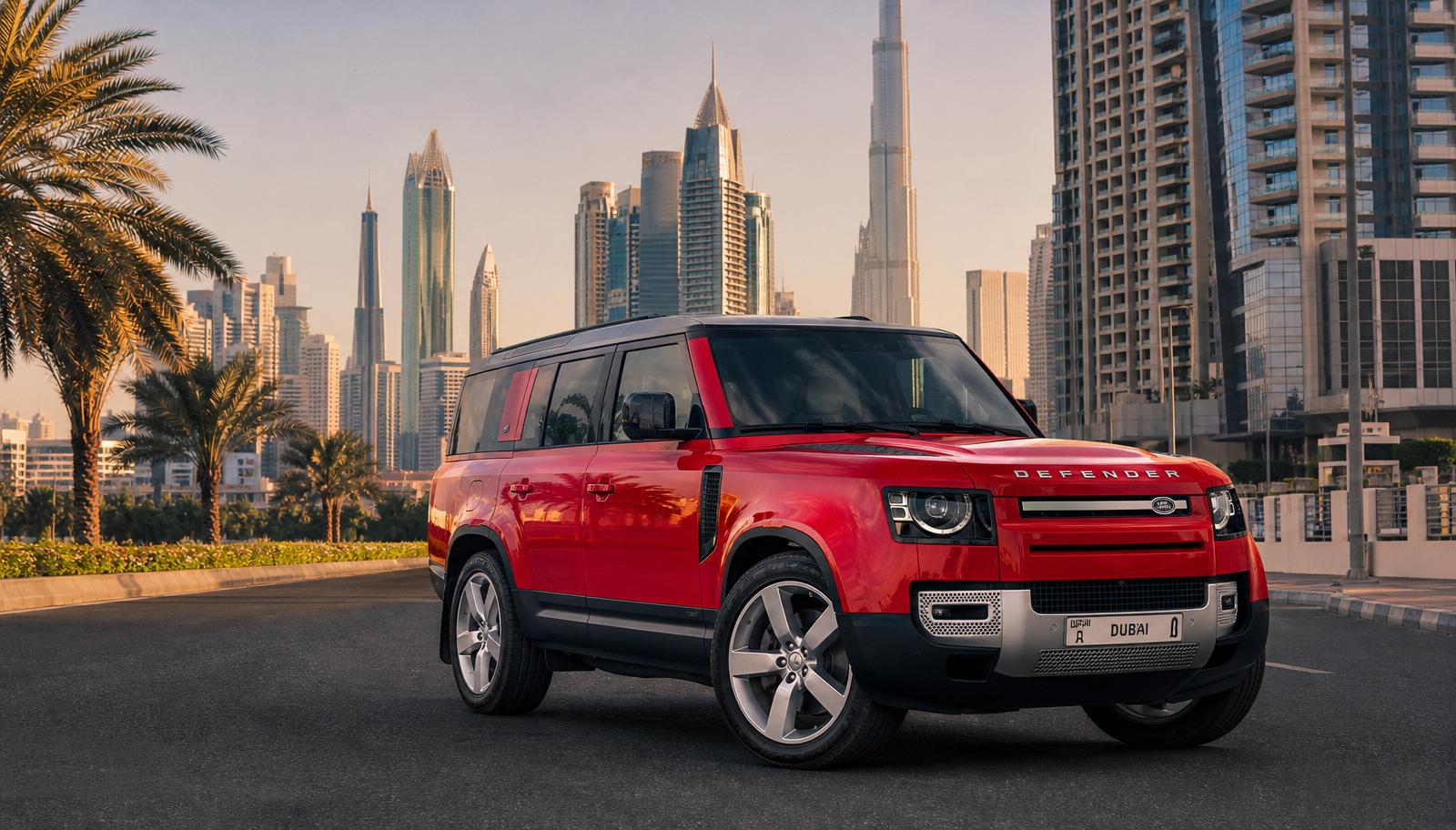 Red Land Rover Defender in Dubai with city skyscrapers in the background