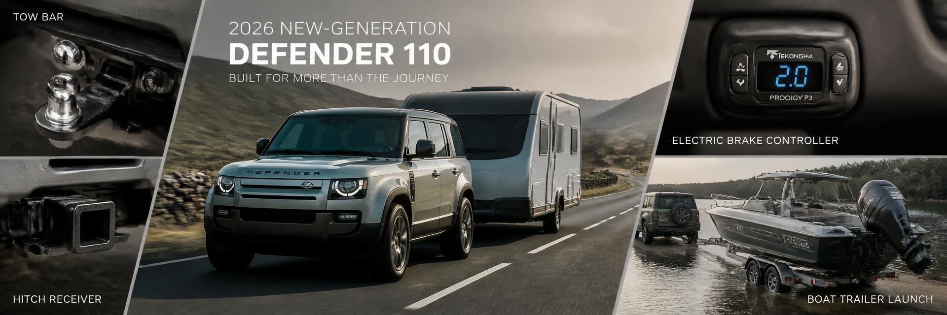 Land Rover Defender towing a trailer on a countryside road – towing setup guide on www.defender-accessories.com