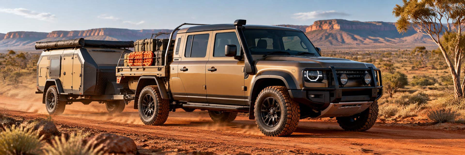 Independent bronze NEW Defender 130 UTE touring and towing concept created for www.defender-accessories.com