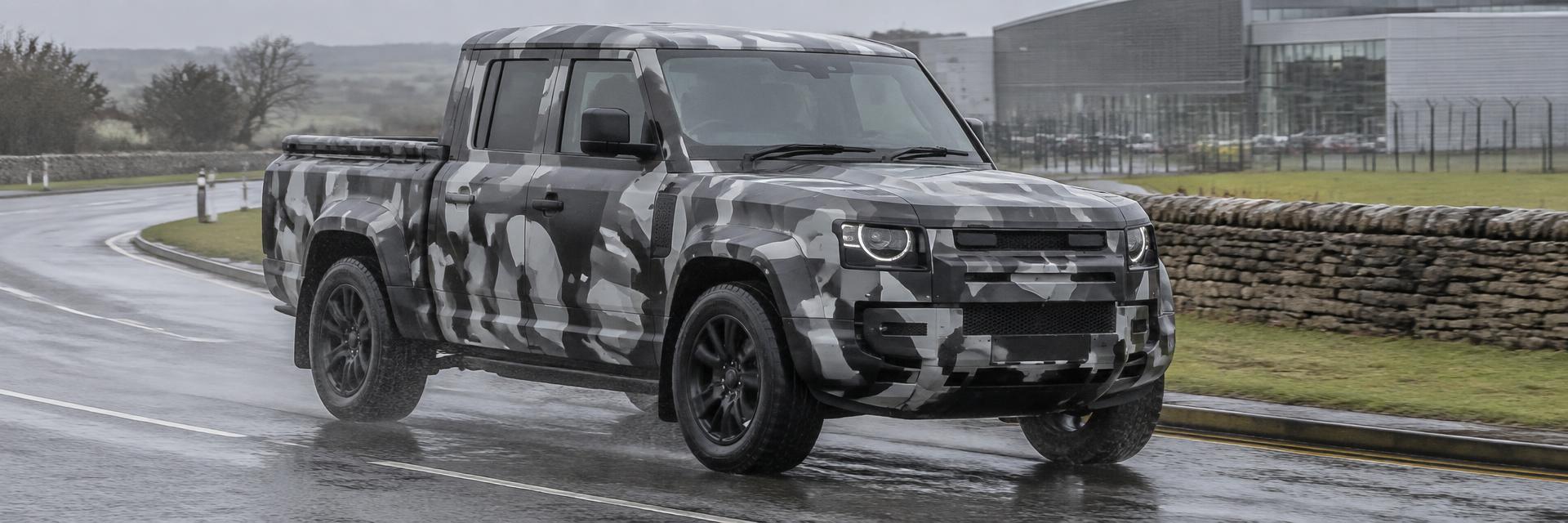 Editorial illustration of a camouflaged NEW Defender UTE prototype for release-news analysis on www.defender-accessories.com