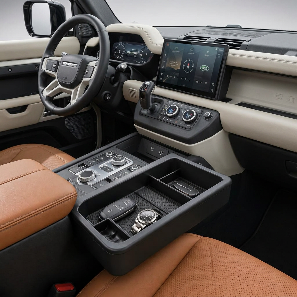 defender-accessories.com: Land Rover Console Organiser fitted to a Land Rover Defender — Genuine