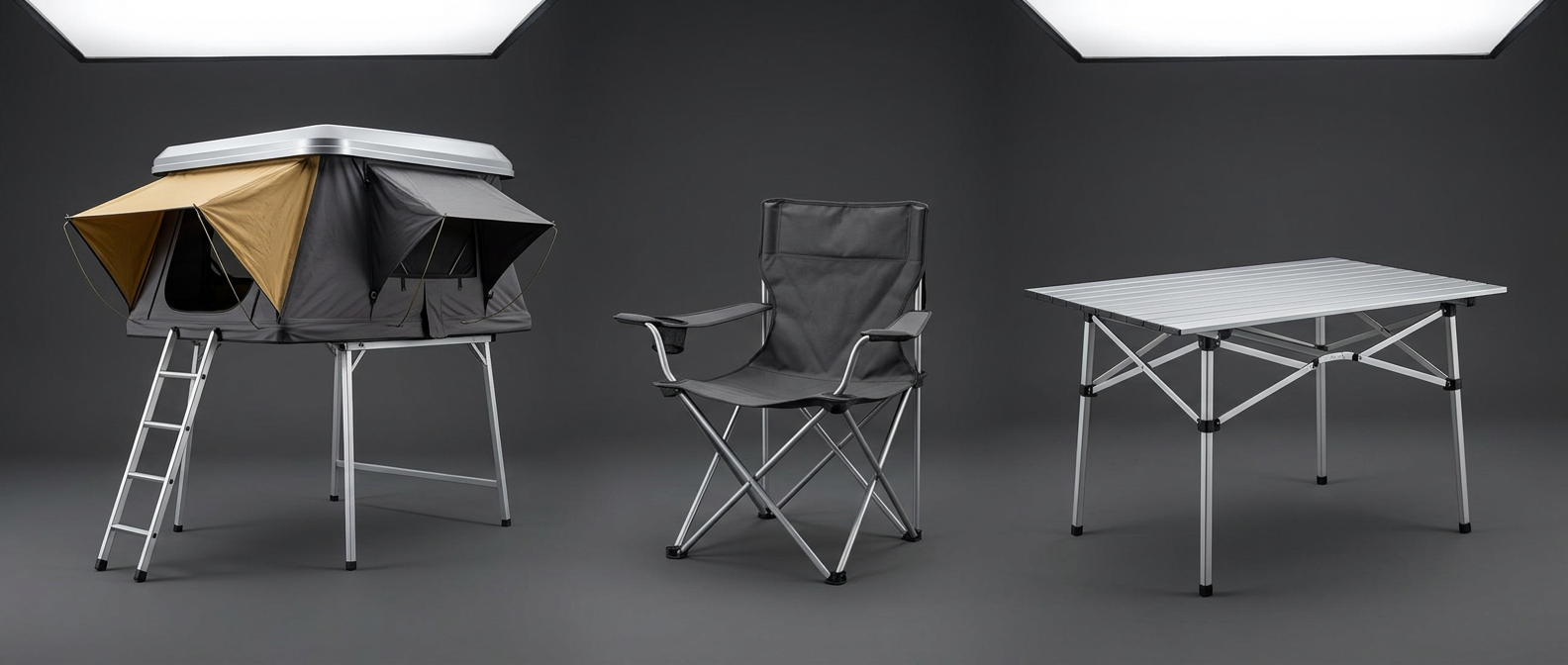 Concept montage of Land Rover Defender rooftop tent, camping chair and table — www.defender-accessories.com
