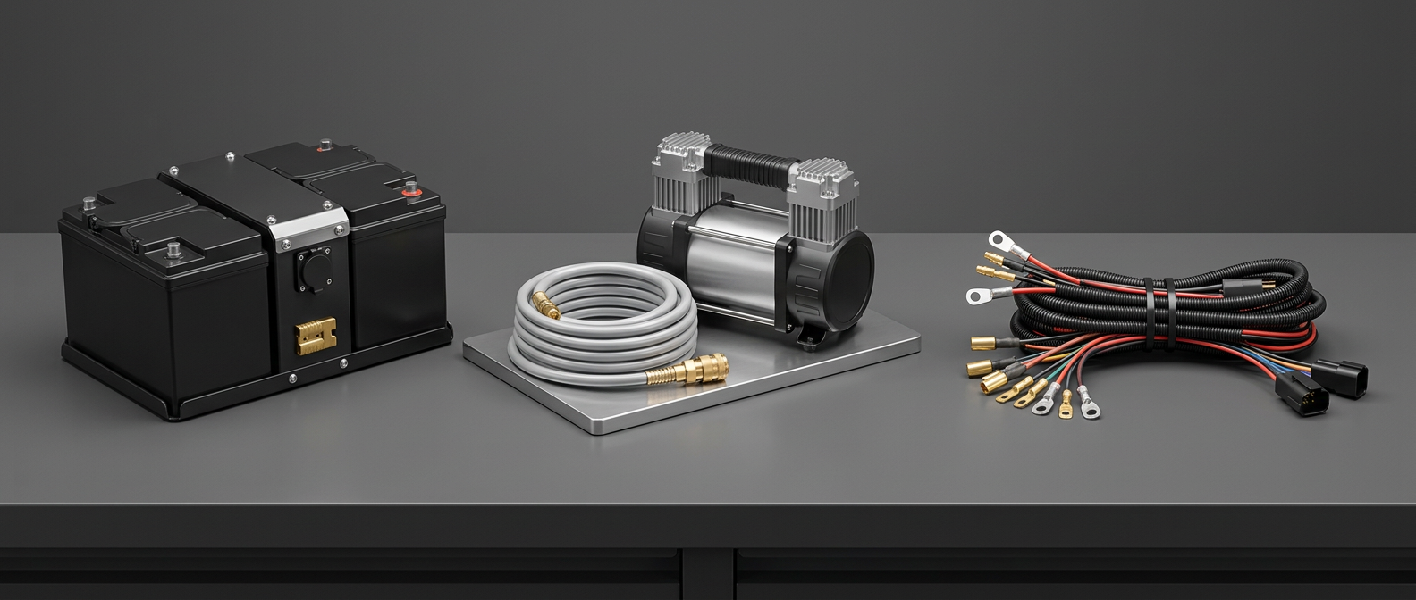 Concept montage of Land Rover Defender dual battery, air compressor and wiring accessories — www.defender-accessories.com