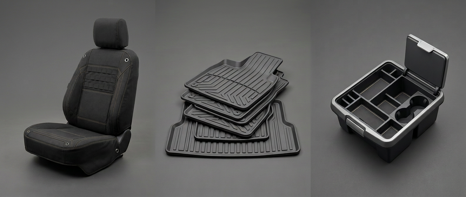 Concept montage of Land Rover Defender seat cover, floor mats and console organiser — www.defender-accessories.com