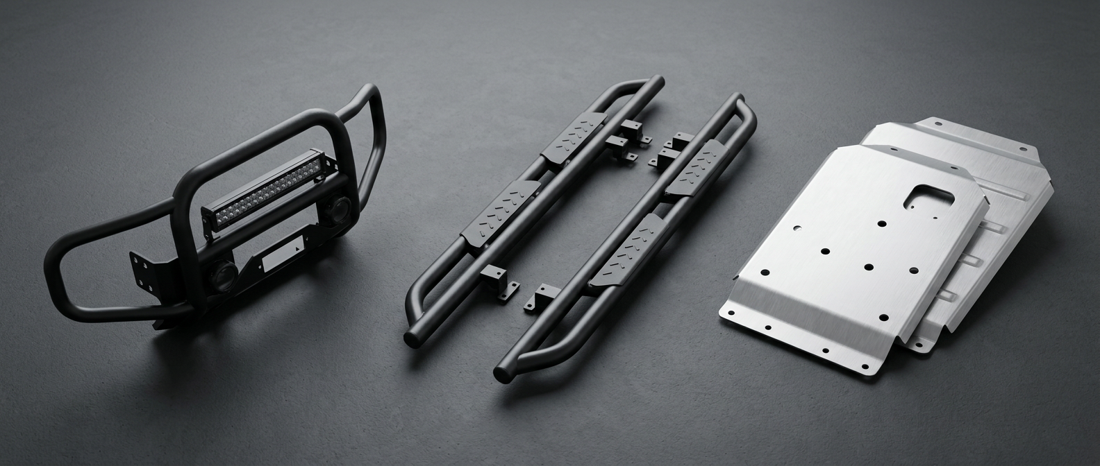 Concept montage of Land Rover Defender bull bar, rock sliders and underbody protection — www.defender-accessories.com