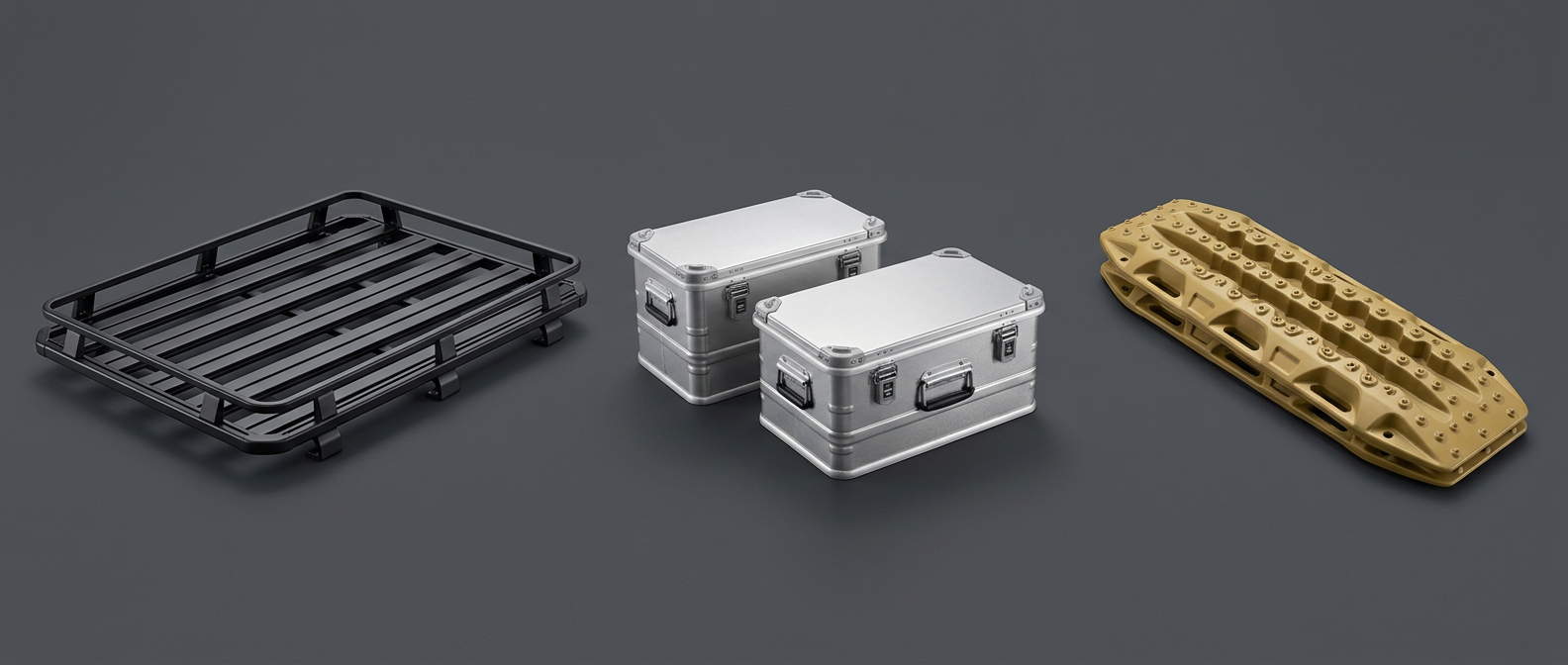 Concept montage of Land Rover Defender roof racks, cargo cases and traction boards — www.defender-accessories.com