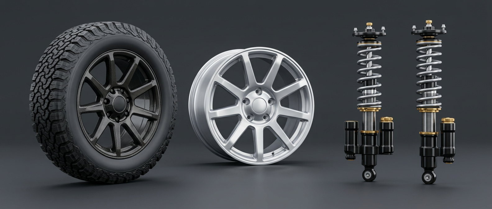 Concept montage of Land Rover Defender all-terrain tyres, alloy wheels and suspension springs — www.defender-accessories.com
