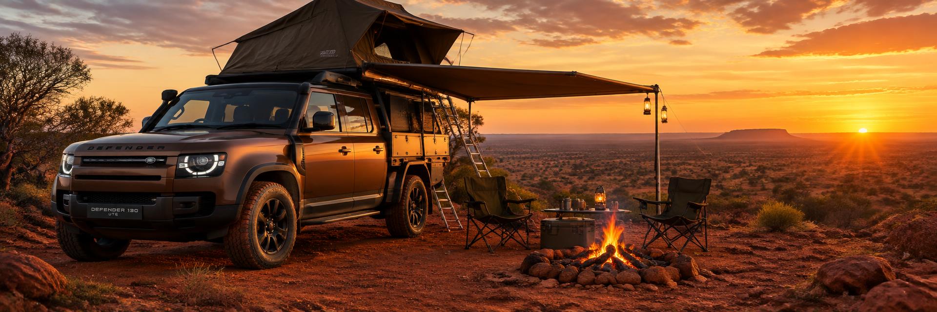 Bronze NEW Defender 130 UTE concept parked at a remote outback campsite at sunset with rooftop tent deployed on www.defender-accessories.com