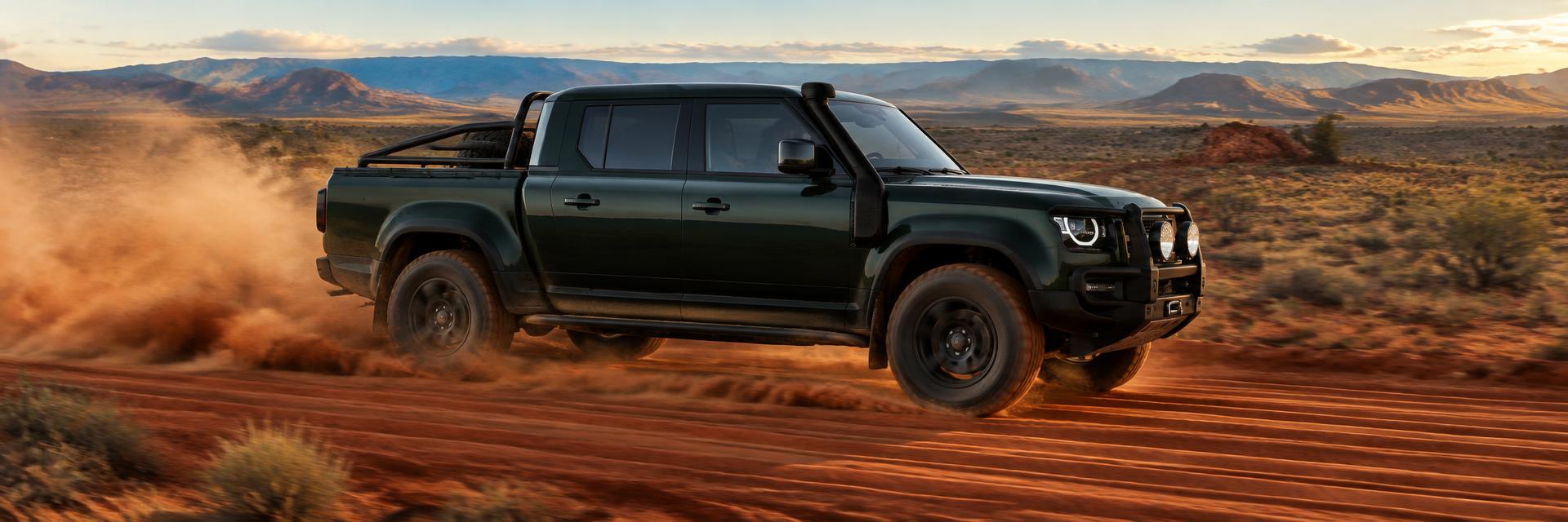 Dark-green NEW Defender UTE concept powering along corrugated red-dirt track with dust plume on www.defender-accessories.com