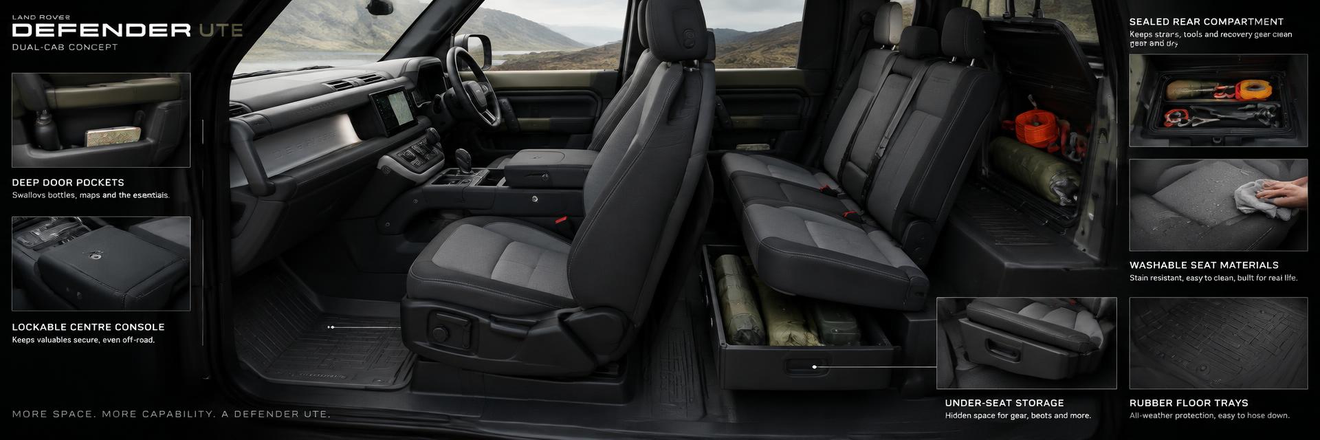 NEW Defender UTE dual-cab interior concept showing deep door pockets, console storage and rubber floor trays on www.defender-accessories.com