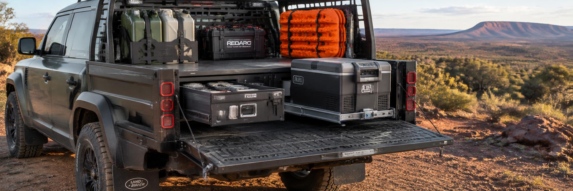 NEW Defender UTE tray fitted with aluminium drawers, fridge slide, jerry cans and recovery boards on www.defender-accessories.com