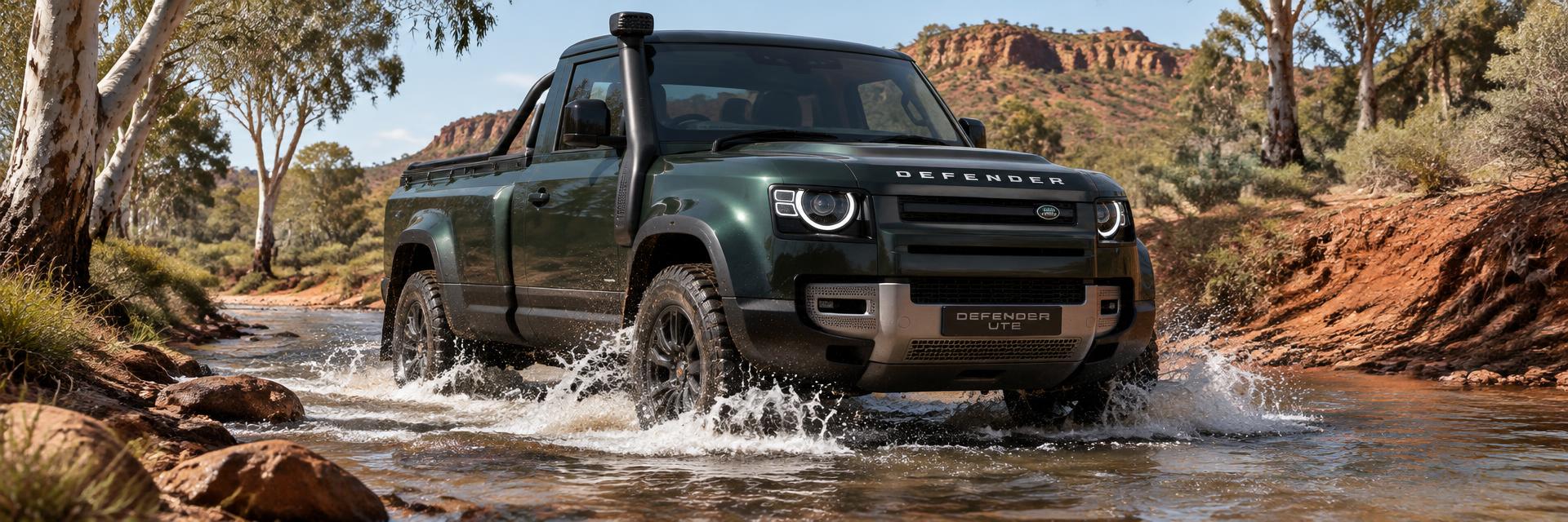 Dark-green NEW Defender UTE concept crossing a shallow creek in the Australian outback on www.defender-accessories.com